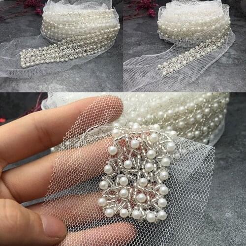White peal beaded rhinestone Wedding dress accessories Beaded Lace Trim fabric applique patches sew on trim for clothing