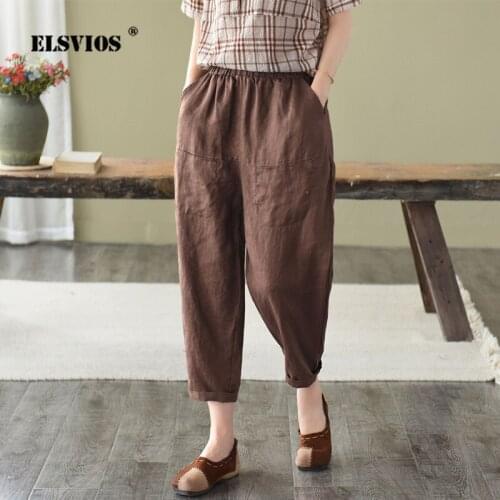 Cotton Linen Casual Harem Pants Women Vintage Slim Cropped Trousers 2021 Spring Summer New Ladies Elastic Waist Carrot Pants 5XL