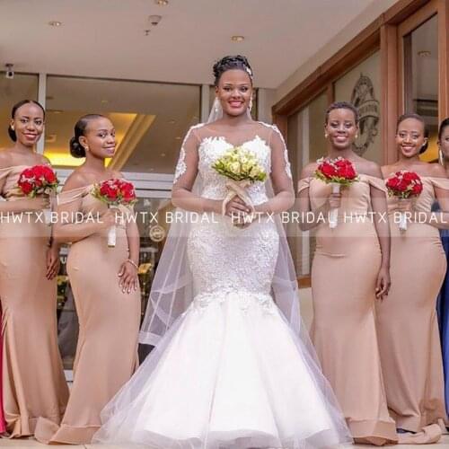 Dark Champagne Long Bridesmaid Dresses Off the Shoulder Satin Mermaid African Women Bridal Guest Dress Maid Of Honor Customize