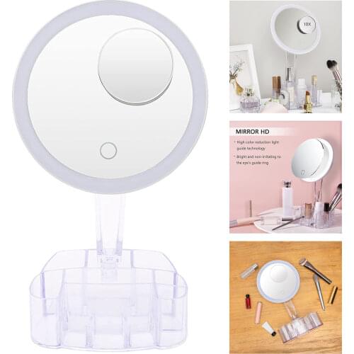 Makeup Mirrors w/ Storage Box Dimming Lighted Cosmetic Mirror w/ Detachable 10X Magnification Touch Screen 90° Rotation