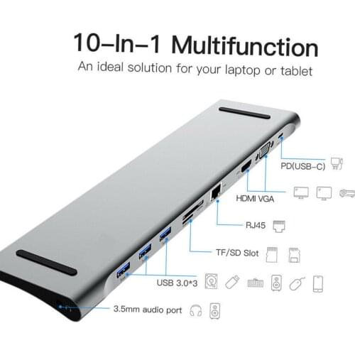 Dock Adapter for usbc hub type c HDMI-compatible USB3.0 RJ45 VGA PD 3.5mm Audio Port for laptop 10 in 1 docking station hub