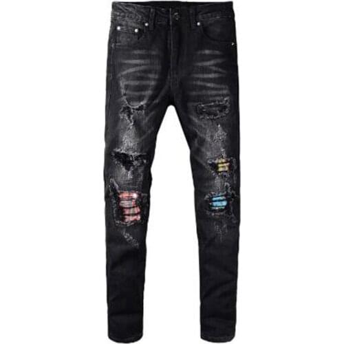 New Mens male fashion casual pleated patchwork ripped black biker jeans Trendy streetwear holes stretch denim pants trousers