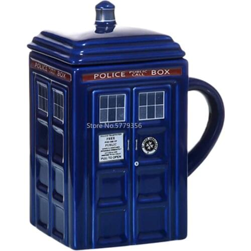 Doctor Who Police Box Ceramic Mug Cup with Lid Cover for Tea Coffee Mug Funny Creative Gift Christmas Presents Kids Men