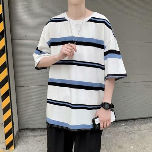 2021 Summer Loose Style Striped Mens T-Shirt Harajuku Oversized Casual All-match Clothes Hip Hop Simple Black Streetwear Tops