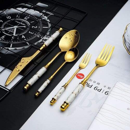 5pcs Vajilla Gold Marble Cutlery Set Ceramic Handle Fork Spoon Knife Set Stainless Steel Cutlery Set Dishwasher Safe Dinnerware