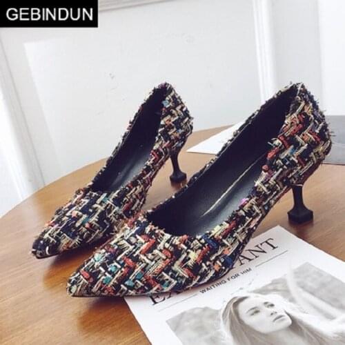 2019 new Korean fashion plaid color matching pointed shallow mouth high heels temperament comfortable high heels