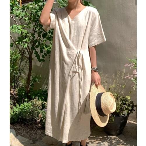 2021 Summer New Solid Color Loose Lace Front and Back Two Wear Lazy Dress Korean Chic Summer Retro Wild Loose Mid-length Dress