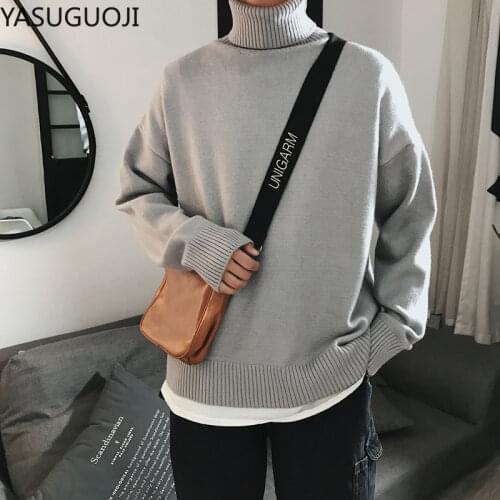 YASUGUOJI New 2020 Spring Men Knitted Sweater Soilid Color Men Turtleneck Sweater Casual Loose Pullover Sweater Men Clothes