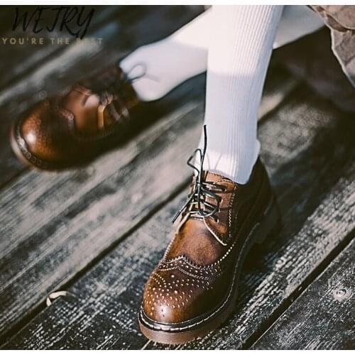 Genuine Leather Oxford Shoes for Women British Style Lace up Round Toe Women Oxfords Brogues Flat Shoes Size 34-41