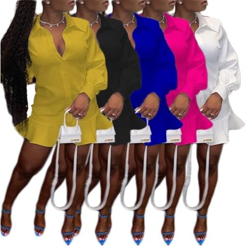 Casual Women Dress Shirt Dresses Solid Color Full Sleeve Deep V-neck Autumn Clothes For Women Outfit