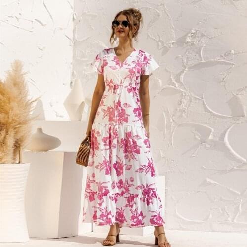 White Floral Print Summer Women Long Dress 2021 Casual Short Sleeve V-neck Button Belt Maxi Beach Dress Vestidos