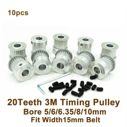 POWGE 10pcs 20 Teeth 3M Timing Pulley Bore 5/6/6.35/8/10mm Fit Width 15mm HTD 3M Belt 20T 20Teeth HTD 3M Pulley CNC Engraving