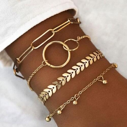 KINFOLK Geometric Simple Gold Bracelets Set for Women Charm Easy Hook Full Crystal Exaggerated Female Hollow Wrist Jewelry
