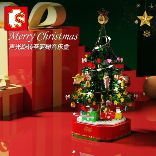 Christmas Theme Rotating LED Shining Music Box Building Blocks DIY City Friends Tree House Bricks Toys For Children Xmas Gifts