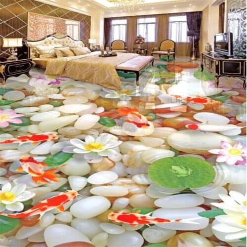 Custom Pebbles 3D lotus carp flooring Living Room Bathroom Floor Mural Paintings Self-adhesive Wallpaper 3d flooring Beibehang