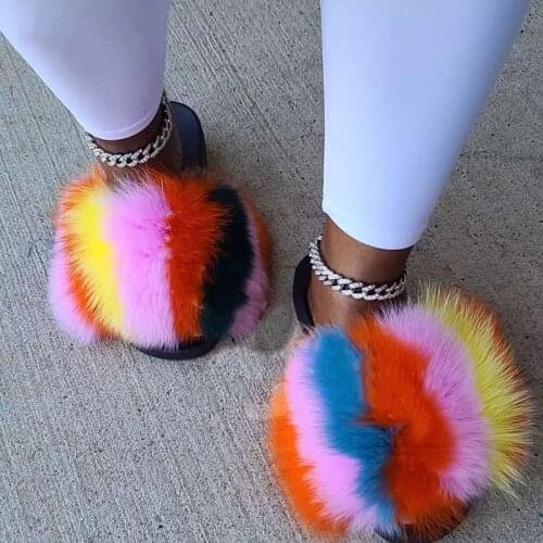 Women Necessary Warm Fluffy Fox Fur Slippers for Home Ladies Beach Candy Color Furry Fur Slides Large Size Breathable Shoes Hot