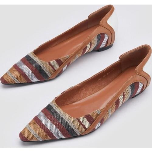 Womens genuine leather stripe fabric patchwork slip-on flats single shoes pointed toe high quality soft comfortable shoes women