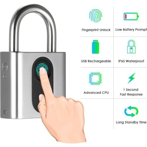 Smart Keyless Door Lock USB Rechargeable Fingerprint Lock IP65 Waterproof Anti-Theft Security Padlock Luggage Case Backpack Lock