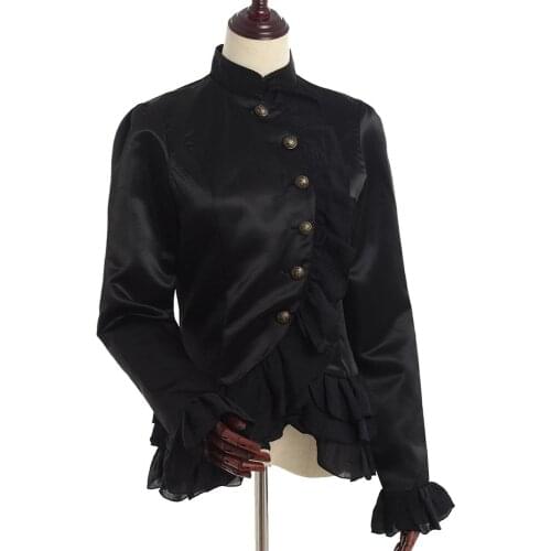 Victorian Blouse Women Gothic Vintage Style Opera Sleeve Stand Collar Black Shirt Tops