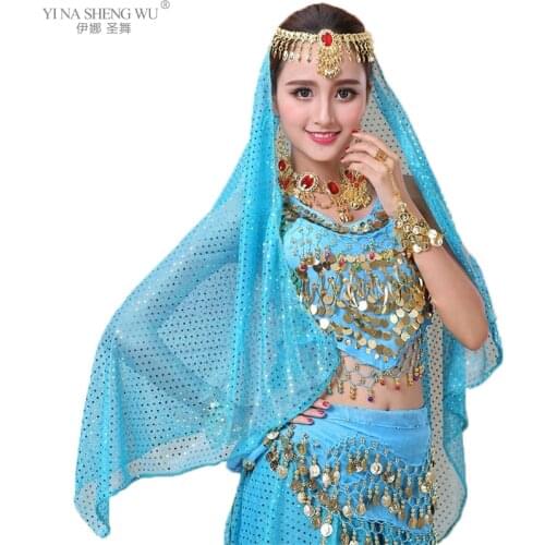 Women Belly Dance Scarf Gold Coins Bright Spot Veil Girls Belly Dance Head Scarf Veils Dance Accessories Indian Costumes 6 Color