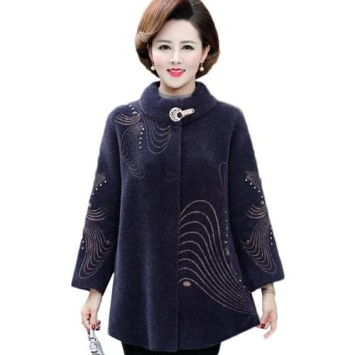Women Winter Jacket High Quality Thick Imitation Mink Cashmere Coat Middle-aged Mother Knit Sweater Cardigan Female Tops W2225