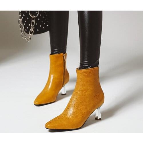 2020 Women Boots Fashion Sexy Zipper Thin High Heel Pointed Toe Autumn Winter Ankle Boots white yellow black silver Size 34-43