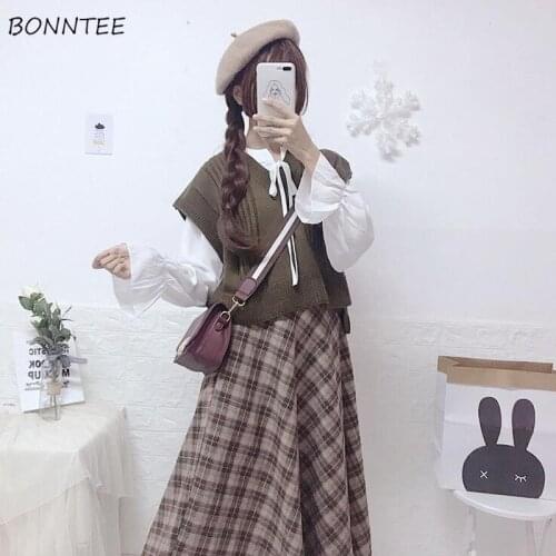 Women Sets 3PCS Ruffles Bow Shirts Elegant Vest Knitter Sweaters Plaid Skirts Female Sweet Korean Preppy Style Loose Streetwear