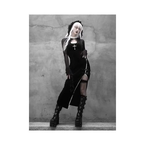 Spring Women Harajuku Gothic Fashion Cross Embroidery Hollow Out Temperament Slim Black Velvet High Slit Sexy Dress