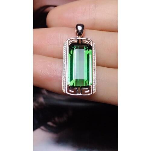 Fine Jewelry Real 18 K 100% Natural Green Tourmaline 8.2ct Brazil Origin Diamonds Gemstone Diamond Womens Pendants Necklaces