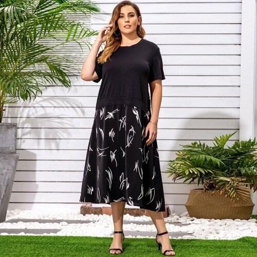 Maxi Dress Plus Size Women 2021 Summer O Neck Short Sleeve Print Patchwork Casual Dress Black Loose Oversized Long Dresses