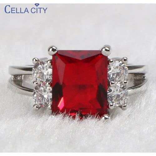 Cellacity Silver 925 Ring for Women Rectangle Gemstones Fine Jewelry Geometry White Red Zircon Trendy Female Accessory for Party