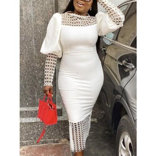 Women White Bodycon Dress Patchwork Mesh Hollow Out Long Lantern Sleeves Elegant Classy Ladies Vestidos Sheath African Fashion
