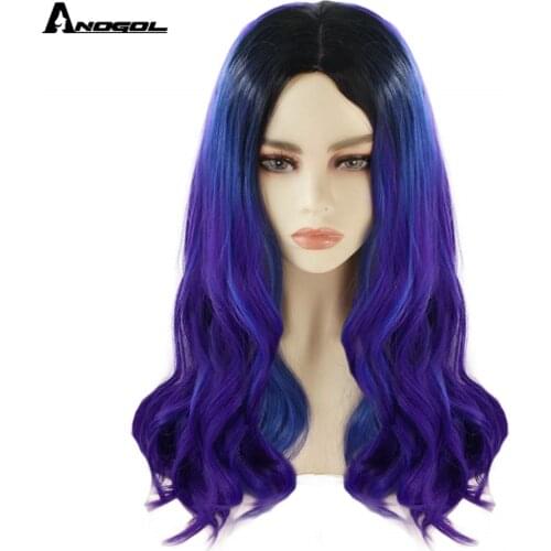 ANOGOL High Temperature Fiber Long Natural Wave Purpul Ombre Blue Dark Roots Synthetic Cosplay Wig Middle Part for Women Costume