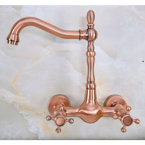 Antique Red Copper Brass Wall Mounted Bathroom Kitchen Sink Faucet Swivel Spout Mixer Tap Double Cross Handles Levers anf944
