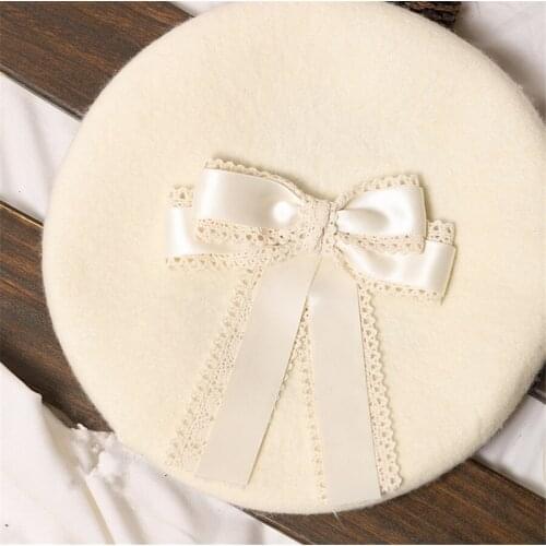 Lolita Berets Wool Blend Hat Women Girls Lace Bow Women Winter Cap B1581