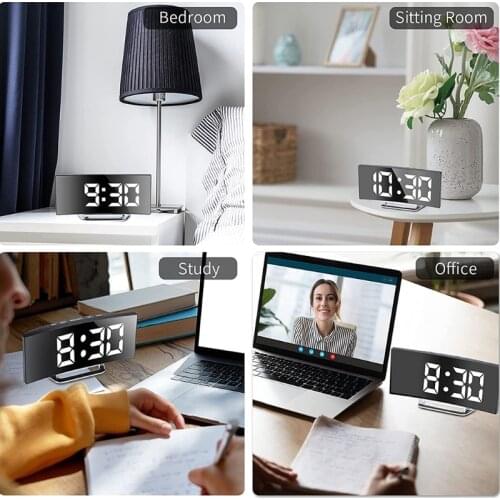 Snooze Alarm Electronic Clock FM Radio Timer LED Display Curved Large Big Screen Projection Digital for Bedroom