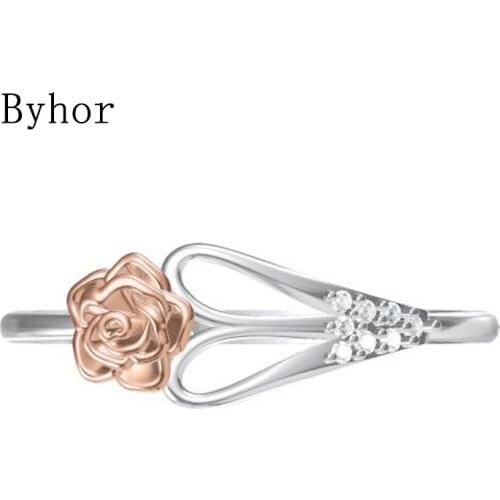 Byhor Solid 14K White+Rose Gold 0.032ct H/SI Natural Diamonds ring Women Engagement gift кольца Wedding band trendy Flower ring