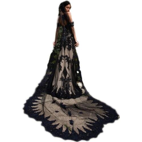 Black One Layer Cathedral Wedding Veil Lace Appliques Exquisite Custom Made 3M Beautiful Long Bridal Veils