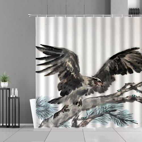 Chinese Ink Painting Landscape Shower Curtains Eagle Flower Bird Fish Bamboo Lotus Tree Scenery Retro Bathroom Decor Curtain Set
