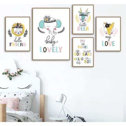 Cute Deer Elephant Lion Cartoon Animal Nursery Wall Art Canvas Painting Nordic Posters And Prints Wall Pictures Kids Room Decor