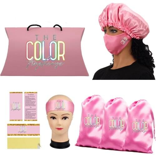 Custom Logo Hair Packaging Set satin mask/Satin Bags/ Hang Tag / Sticker Hair Bundle Wraps/Bonnets/Headband