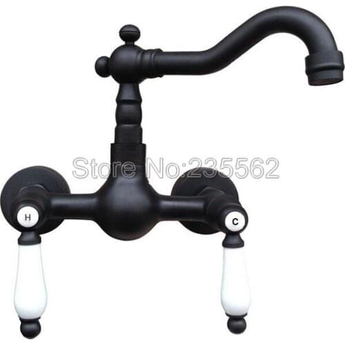 Wall Mounted Black Oil Rubbed Brass Bathroom Basin & Kitchen Sink Faucet W/ Dual Ceramic Handle Mixer Taps lnf522