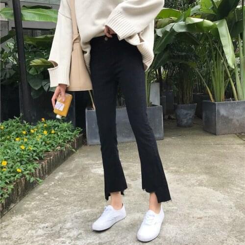 Spring and autumn new high waist was thin irregular irregular micro flared pants nine points jeans women pants