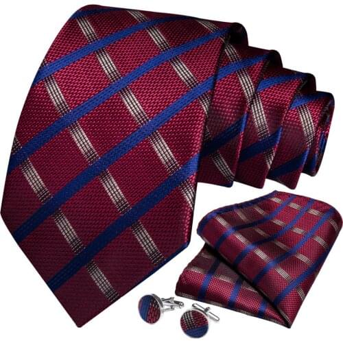 New Designer Mens Necktie Red Blue Plaid Silk Wedding Tie For Men Handkerchief Cufflinks Tie Set DiBanGu Business Party SJT-7170