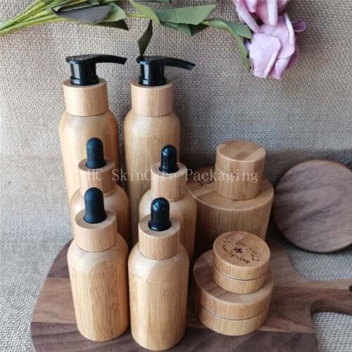 Whoelsale 120ml Biodegradable Natrural bamboo pump bottle plastic inner lotion bottles empty skincare cosmetic packaging