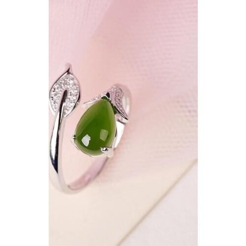 Original new natural Hetian jade leaf drop opening adjustable ring elegant charm creative retro female silver jewelry