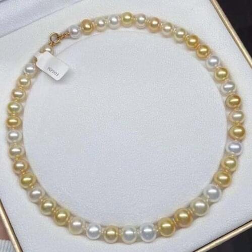 9-11mm Near Round Sea Water Pearl Necklace Gold & White G14K Clasp Wedding Jewellry For Girlfriend