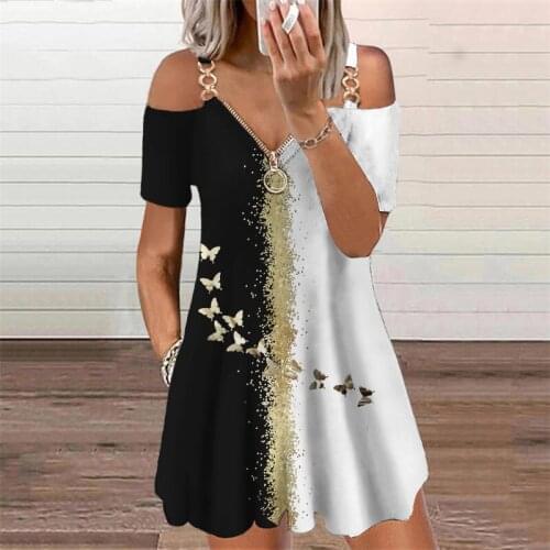 Butterflies 3D Print Elegant Fashion Dress Womens Clothing 2021 Summer Zipper V-Neck Off Shoulder Casual Mini Dresses Oversized