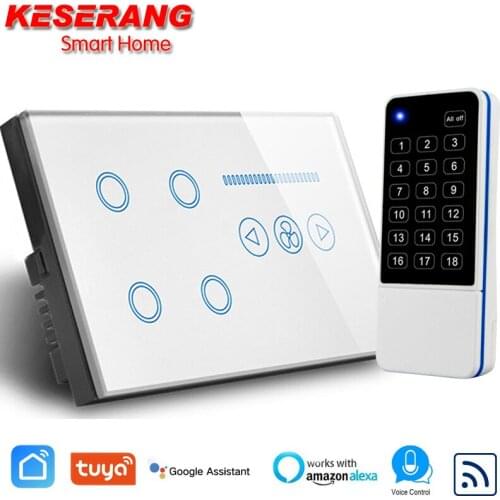 UK Remote Control WIFI Switch 4 gang with Ceiling Fan Switch,White Crystal Glass Panel,Support RF433 Remote/alexa/google Control