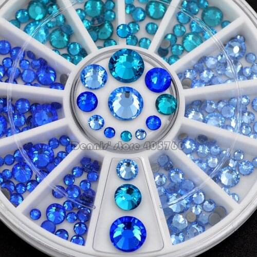 Mix Sizes Glitter Sky Blue Series Hotfix Flatback Round Facets Diamond Nail Art Rhinestones Decorations Manicure DIY Wheel